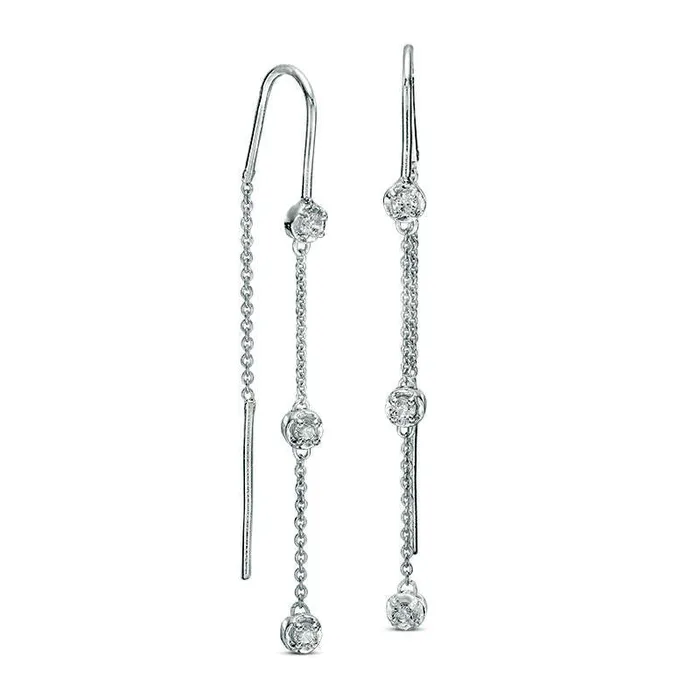 025 CT TW Diamond Three Stone Threader Earrings in 10K White Gold Goldia Earrings