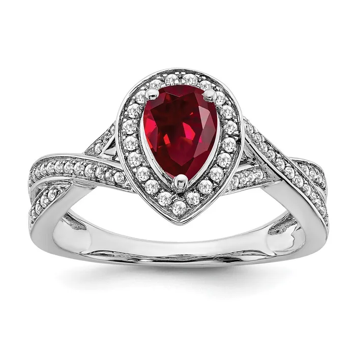 14k White Gold Pear Created Ruby and Real Diamond Halo Ring Goldia Rings