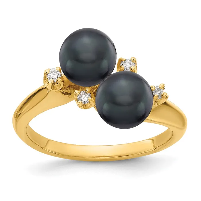 14k Yellow Gold 6mm Black FW Cultured Pearl AA Diamond ring Goldia Rings