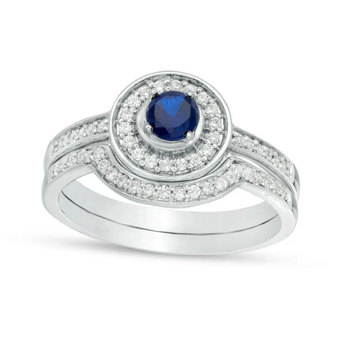40mm LabCreated Blue Sapphire and 025 CT TW Diamond Frame Bridal Engagement Ring Set in Solid 10K White Gold Goldia Rings