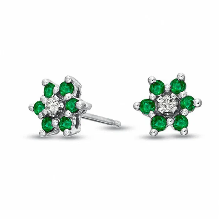 Earrings Goldia Emerald and Diamond Accent Flower Stud Earrings in 14K White Gold