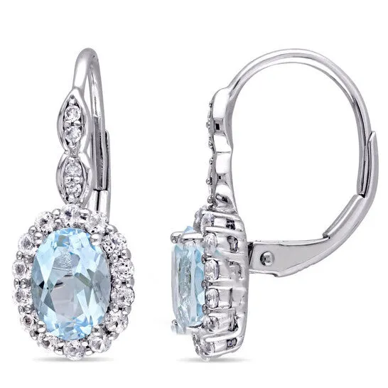 Earrings JMS always Original AMOUR Oval Shape Blue Topaz White Topaz and Diamond Accent Vintage Leverback Earrings In 14K White Gold