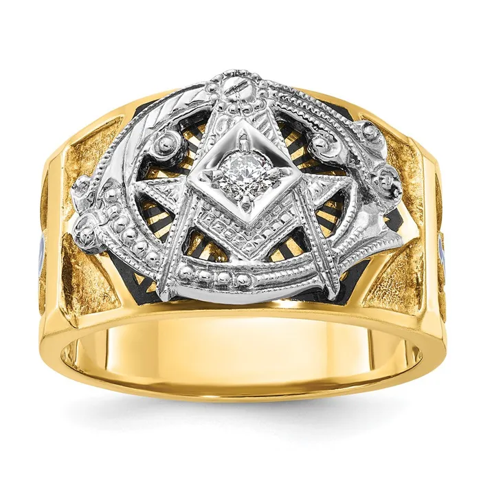 Goldia 14k Twotone Gold Mens Polished and Textured with Blue and Black Enamel Diamond Blue Lodge Master Masonic Ring Rings