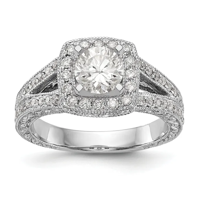 Goldiacom 14K White Gold Peg Set Simulated Diamond Cushion Halo Engagement Ring Rings