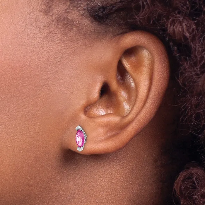 Goldia Earrings Solid 14k White Gold Marquise Created PinK Simulated Sapphire and CZ Earrings