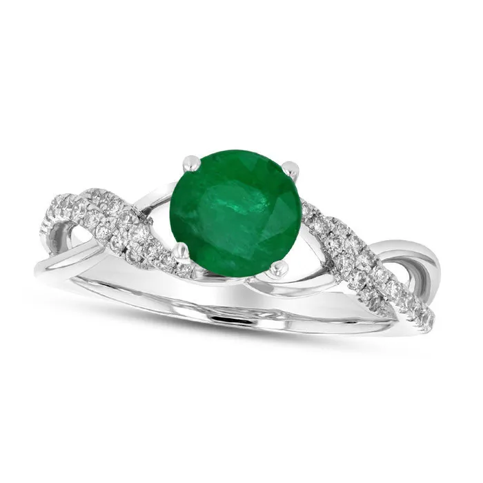 Goldia Rings 55mm Emerald and 017 CT TW Natural Diamond Double Row Open Crossover Engagement Ring in Solid 18K White Gold