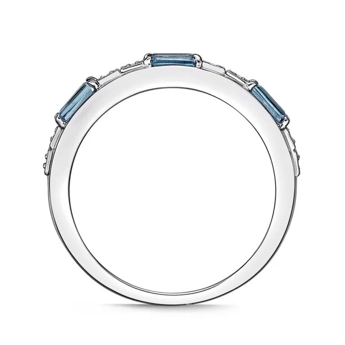 Goldia Rings Baguette Swiss Blue and White Topaz Duo Alternating Three Stone Band in Sterling Silver