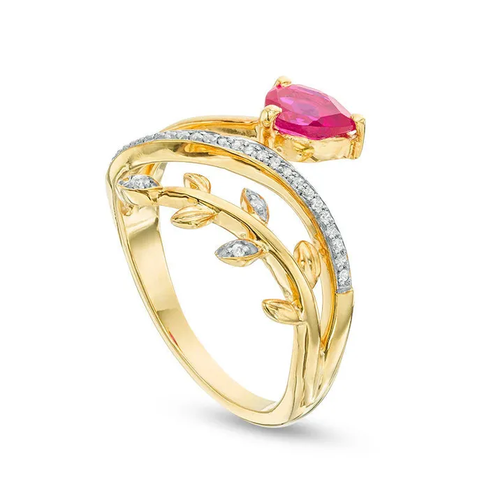 Goldia Rings PearShaped LabCreated Ruby and 007 CT TW Diamond Leafy Branch Bypass Ring in Sterling Silver with Solid 14K Gold Plate