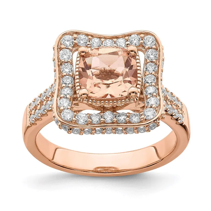 Goldia Rings Solid 14k Rose Gold Morganite Simulated CZ Halo Engagement Ring