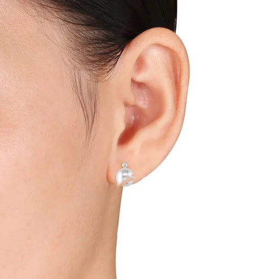 Original AMOUR 2pc Set Of 89 Mm Cultured Freshwater Pearl and 16 CT TW Diamond Stud Earrings and Pendant with Chain In 14K Yellow Gold JMS always Earrings