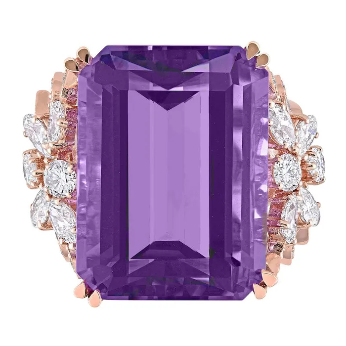 Rings EmeraldCut Amethyst and 175 CT TW MultiShape Natural Diamond Floral Side Accent Cocktail Ring in Solid 14K Rose Gold Goldia