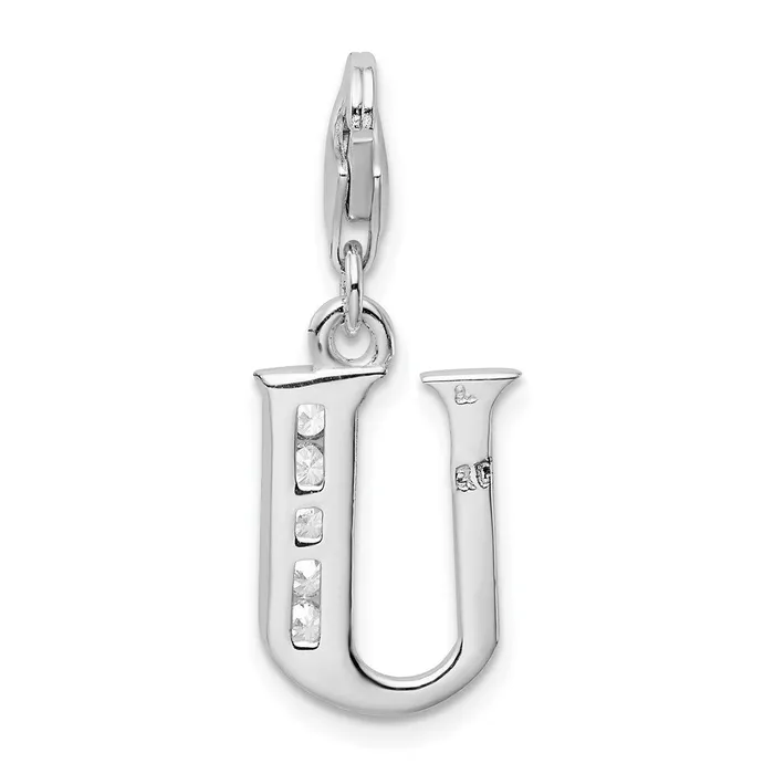 Amore La Vita Sterling Silver Rhodiumplated Polished CZ Letter U Initial Charm with Fancy Lobster Clasp TreasureFineJewelers Necklaces