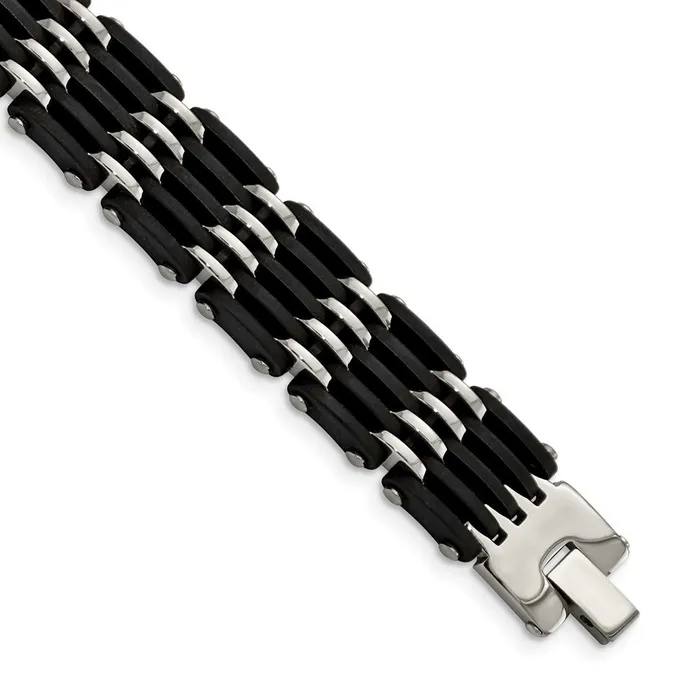 Bracelets TreasureFineJewelers Chisel Stainless Steel Polished with Black Rubber 825 inch Link Bracelet Bracelets TreasureFineJewelers Chisel Stainless Steel Polished with Black Rubber 825 inch Link Bracelet