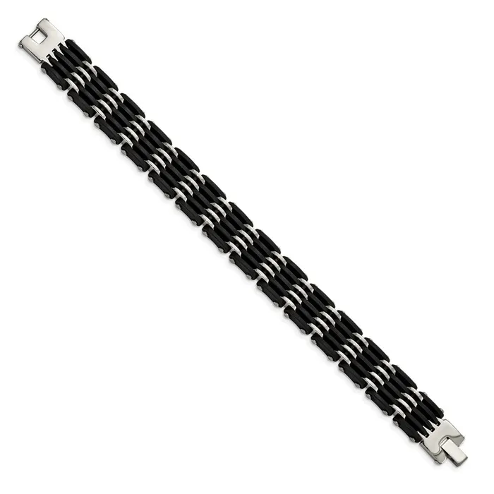 Bracelets TreasureFineJewelers Chisel Stainless Steel Polished with Black Rubber 825 inch Link Bracelet