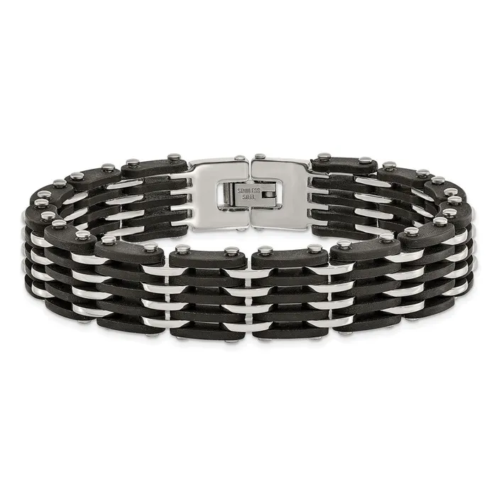 Bracelets TreasureFineJewelers Chisel Stainless Steel Polished with Black Rubber 825 inch Link Bracelet