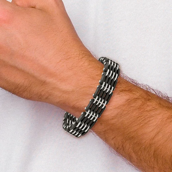 Bracelets TreasureFineJewelers Chisel Stainless Steel Polished with Black Rubber 825 inch Link Bracelet