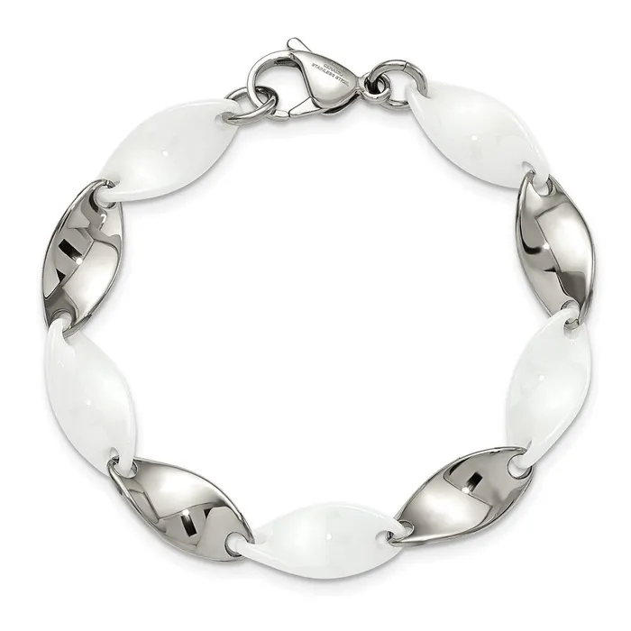 Bracelets TreasureFineJewelers Chisel Stainless Steel Polished with White Ceramic 775 inch Twisted Link Bracelet