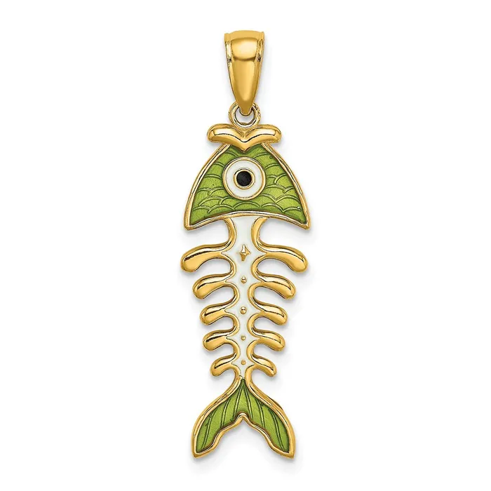Charm Necklaces 14k 3D Green Enamel Fish Bone Charm TreasureFineJewelers