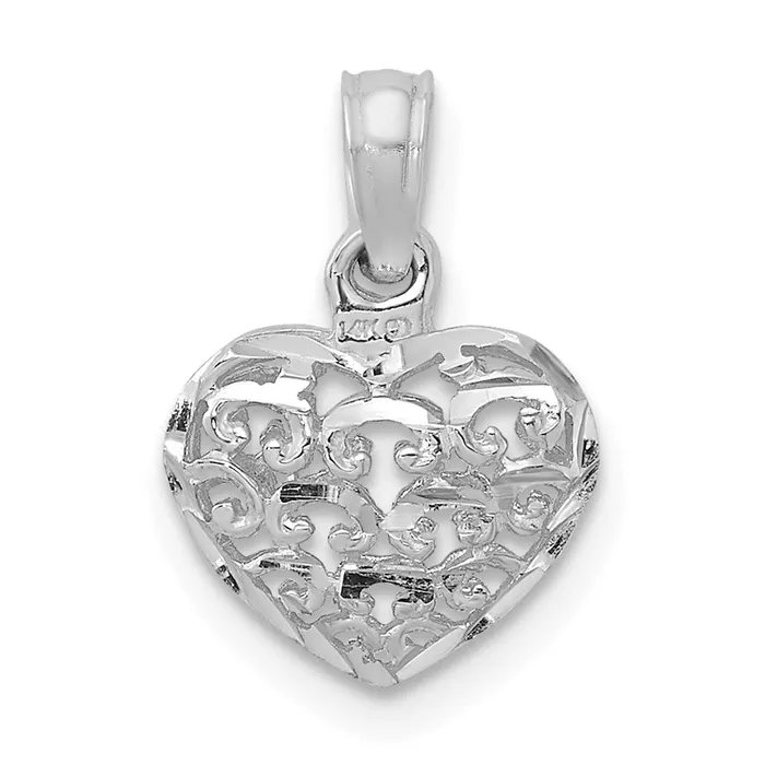 Charm Necklaces TreasureFineJewelers 14K White Gold 3D Diamondcut Mini Puffed Heart Charm