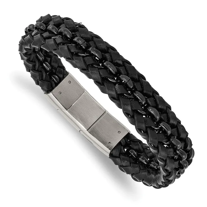 Chisel Stainless Steel Polished Black IPplated Black Braided Leather 8 inch Bracelet with 5 inch Extension TreasureFineJewelers Bracelets Chisel Stainless Steel Polished Black IPplated Black Braided Leather 8 inch Bracelet with 5 inch Extension TreasureFineJewelers Bracelets
