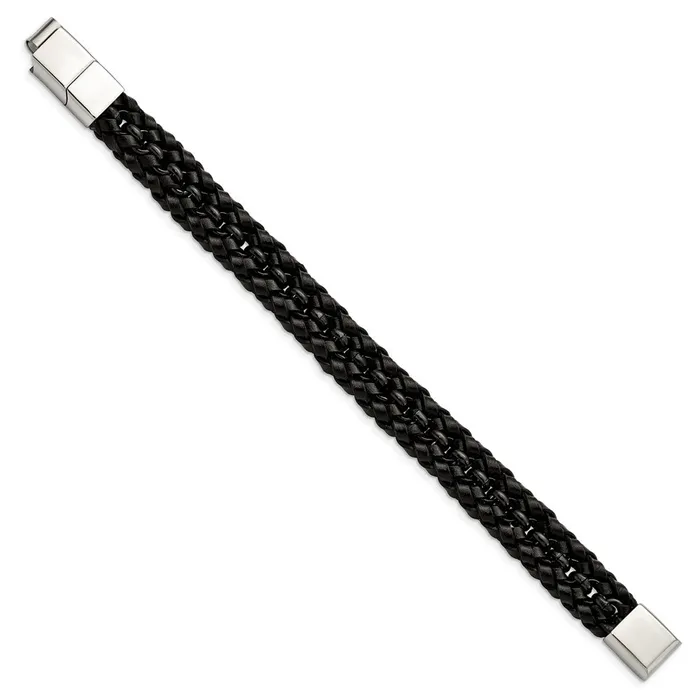 Chisel Stainless Steel Polished Black IPplated Black Braided Leather 8 inch Bracelet with 5 inch Extension TreasureFineJewelers Bracelets