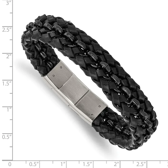 Chisel Stainless Steel Polished Black IPplated Black Braided Leather 8 inch Bracelet with 5 inch Extension TreasureFineJewelers Bracelets