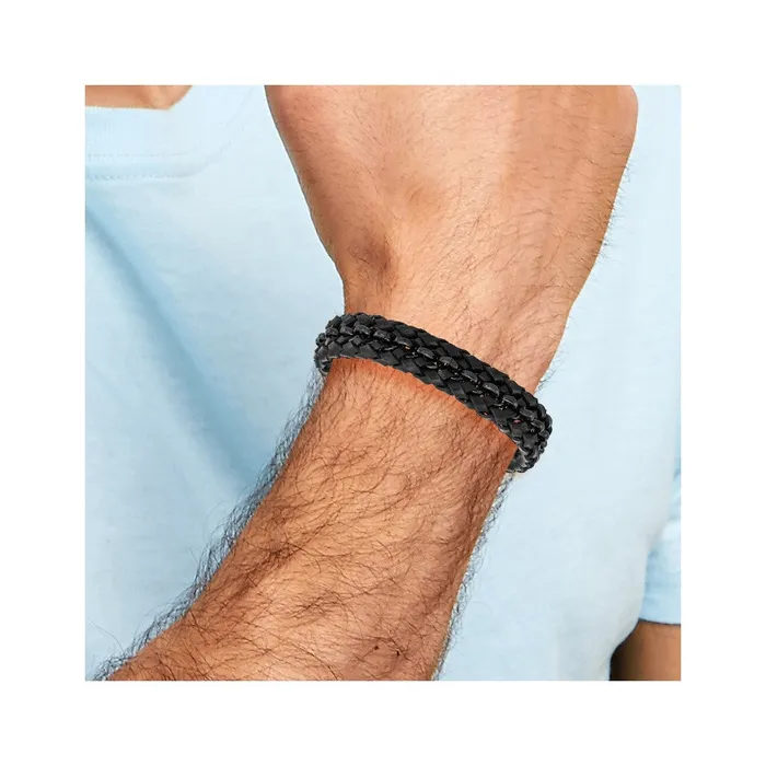 Chisel Stainless Steel Polished Black IPplated Black Braided Leather 8 inch Bracelet with 5 inch Extension TreasureFineJewelers Bracelets