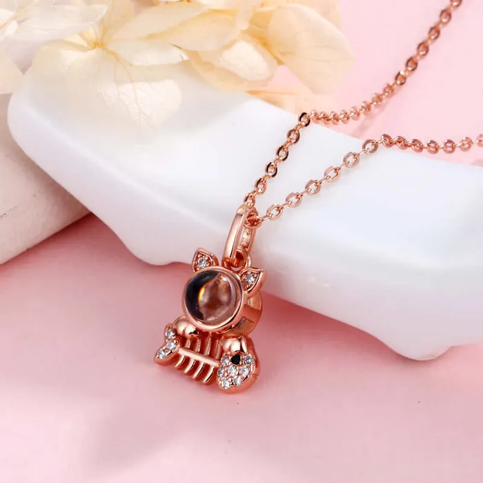 Kitten Cat Pet Fishbone Shape Necklace with Picture Inside Trendolla Jewelry Necklaces