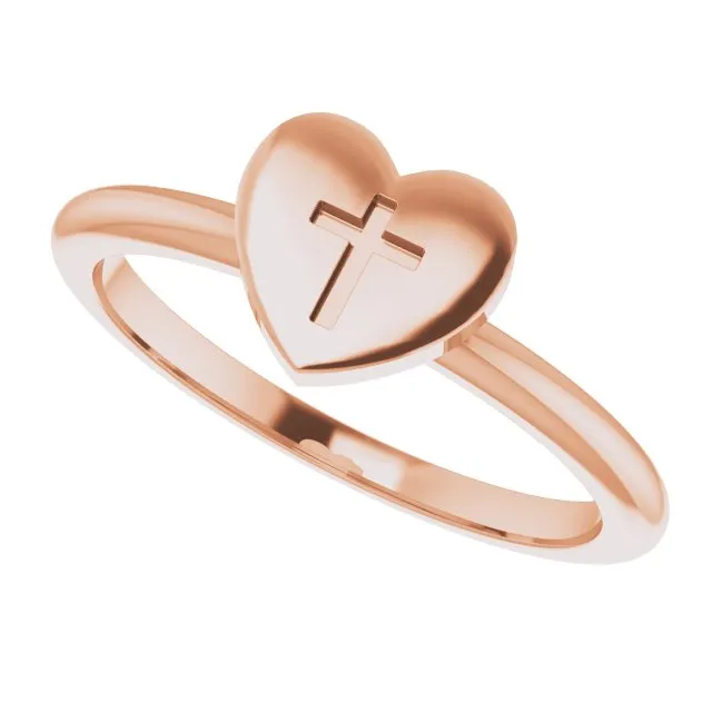 Rings TreasureFineJewelers 14K Rose Heart with Cross Ring