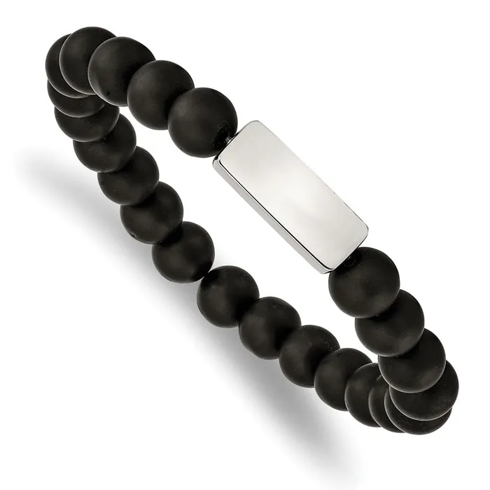 TreasureFineJewelers Bracelets Chisel Stainless Steel Polished ID Plate 8mm Black Agate Beaded Stretch Bracelet TreasureFineJewelers Bracelets Chisel Stainless Steel Polished ID Plate 8mm Black Agate Beaded Stretch Bracelet