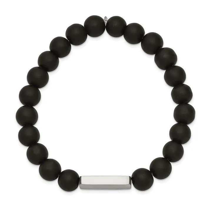 TreasureFineJewelers Bracelets Chisel Stainless Steel Polished ID Plate 8mm Black Agate Beaded Stretch Bracelet