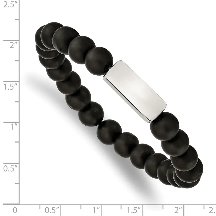 TreasureFineJewelers Bracelets Chisel Stainless Steel Polished ID Plate 8mm Black Agate Beaded Stretch Bracelet