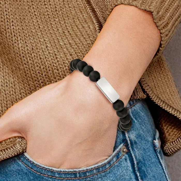 TreasureFineJewelers Bracelets Chisel Stainless Steel Polished ID Plate 8mm Black Agate Beaded Stretch Bracelet