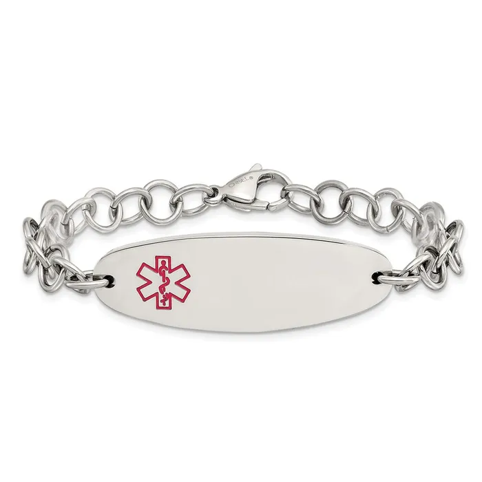TreasureFineJewelers Bracelets Chisel Stainless Steel Polished with Red Enamel Medical ID 725 inch Open Link Bracelet