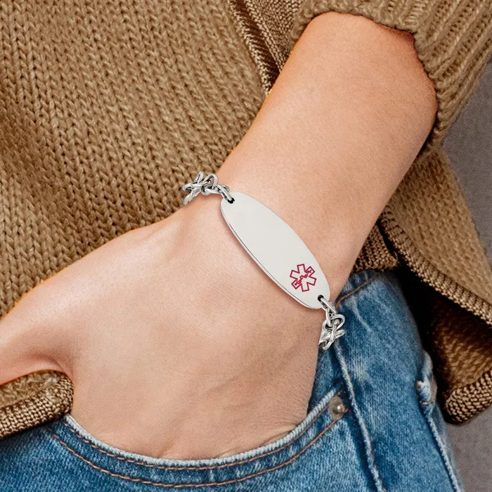 TreasureFineJewelers Bracelets Chisel Stainless Steel Polished with Red Enamel Medical ID 725 inch Open Link Bracelet