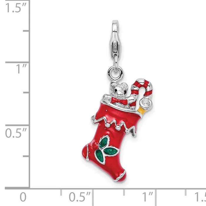 TreasureFineJewelers Rings Sterling Silver Amore La Vita Rhodpl 3D Enameled Holiday Stocking Charm
