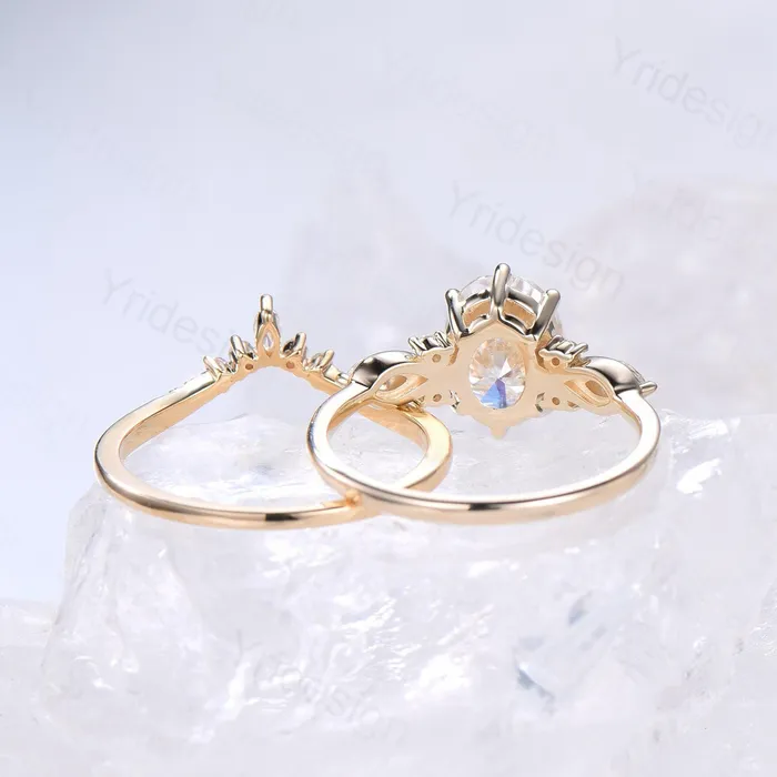 2 Carat oval cut Moissanite Engagement Ring Set Solid 14K yellow gold VSD flawless moissanite ring women Vintage seven stone bridal set PENFINE Rings