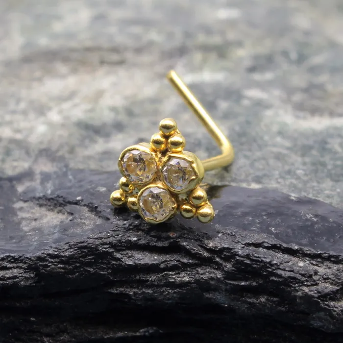 Beautiful Real Gold 14K White CZ Indian nose ring L Bend 22g Karizma Jewels Rings