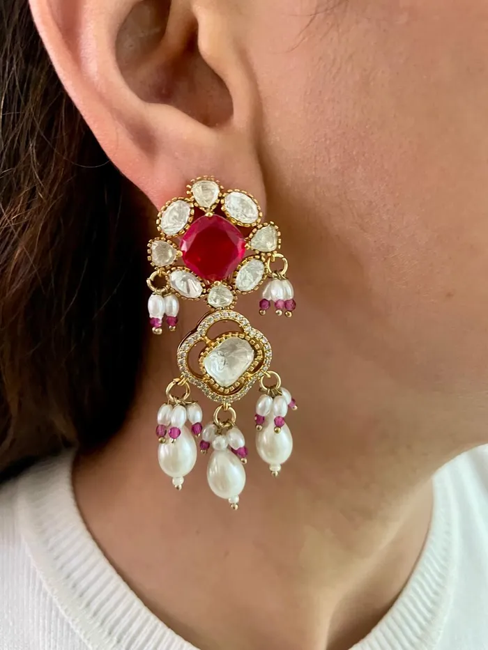 Jara Ruby Kundan Pearl Drops Necklace Set Necklace Earrings PRERTO ECOMMERCE PRIVATE LIMITED Necklaces
