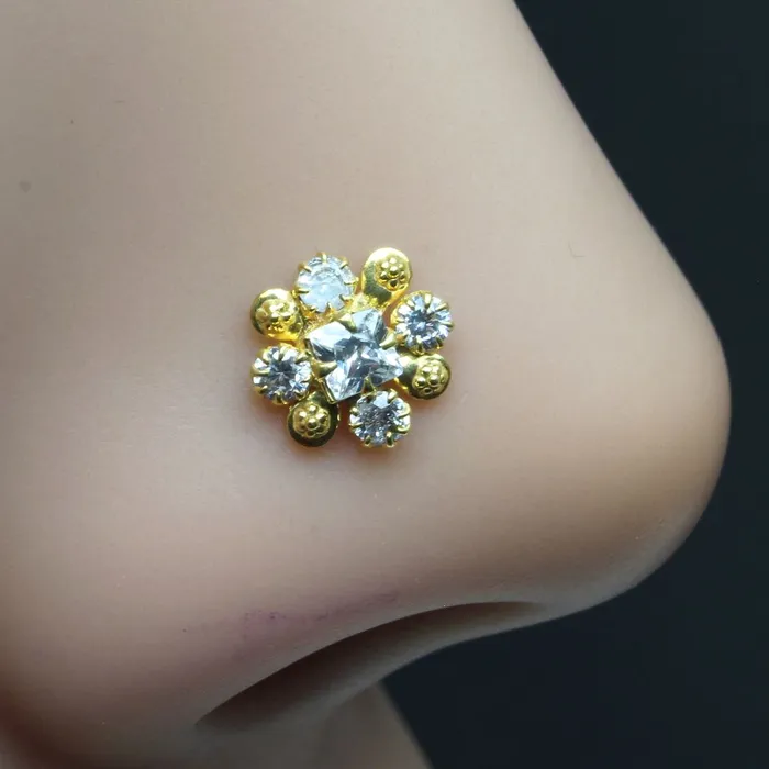 Pansies Flower Indian Nose ring White CZ studded gold plated corkscrew piercing nose stud Karizma Jewels Rings