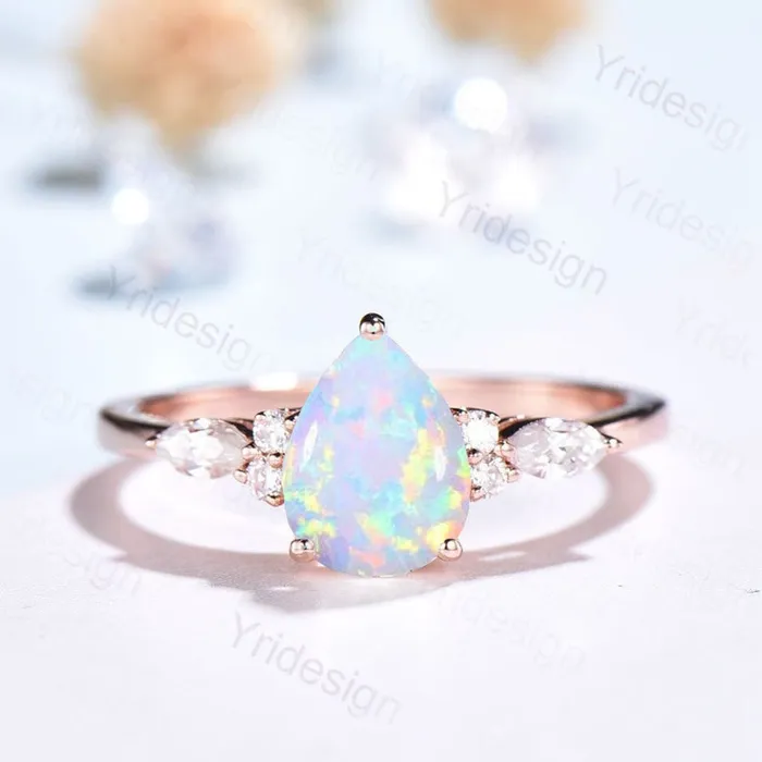 Pear Shaped Opal Ring Rose Gold Unique Cluster Diamond Opal Engagement Ring Teardrop Bridal Promise Ring Women Anniversary gift PENFINE Rings