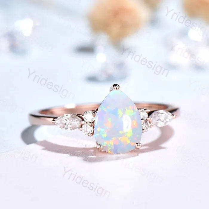 Pear Shaped Opal Ring Rose Gold Unique Cluster Diamond Opal Engagement Ring Teardrop Bridal Promise Ring Women Anniversary gift PENFINE Rings Pear Shaped Opal Ring Rose Gold Unique Cluster Diamond Opal Engagement Ring Teardrop Bridal Promise Ring Women Anniversary gift PENFINE Rings