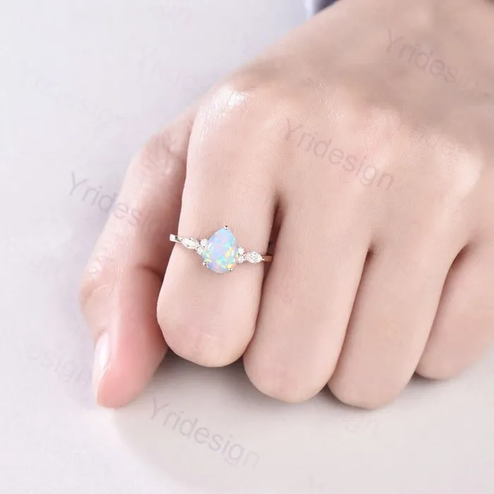 Pear Shaped Opal Ring Rose Gold Unique Cluster Diamond Opal Engagement Ring Teardrop Bridal Promise Ring Women Anniversary gift PENFINE Rings Pear Shaped Opal Ring Rose Gold Unique Cluster Diamond Opal Engagement Ring Teardrop Bridal Promise Ring Women Anniversary gift PENFINE Rings