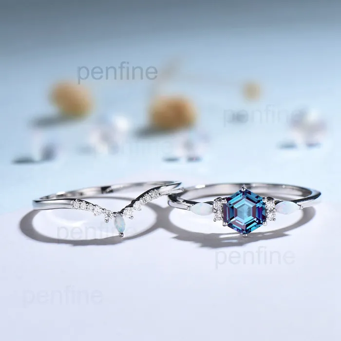 PENFINE Rings Hexagon Alexandrite Engagement Ring Set Vintage Cluster Marquise Opal Wedding Ring Personalized Anniversary Gift Women June Birthstone Ring