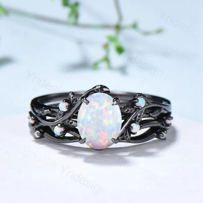 PENFINE Rings Nature Inspired Black Opal Wedding Ring Set Elegant Twig Black Gold Opal Engagement Ring Twig Vine Branch Bridal Set Unique Anniversary Ring