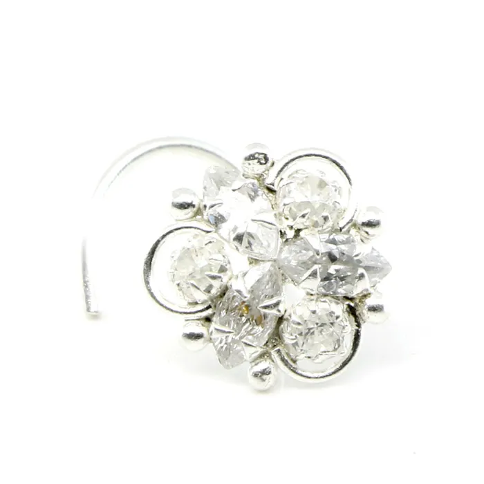 Rings Karizma Jewels Ethnic Indian 925 Sterling Silver White CZ Studded Corkscrew nose ring 22g