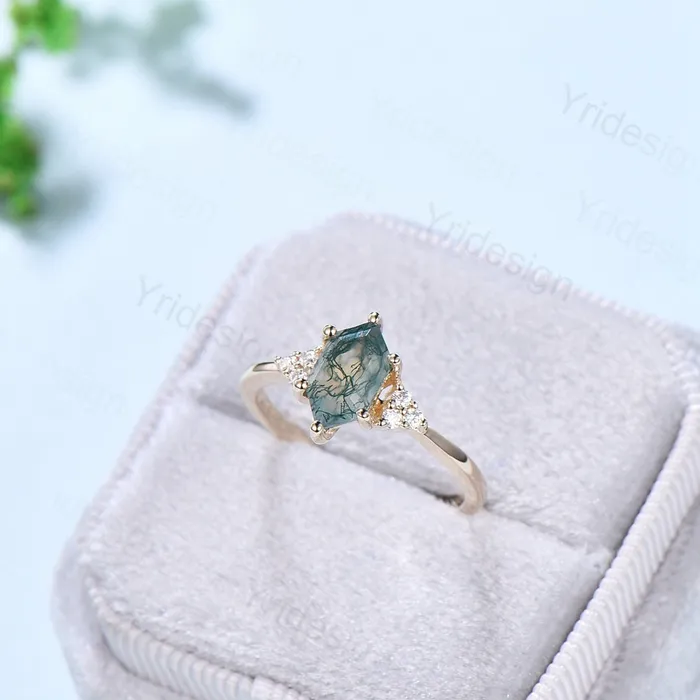 Rings Long Hexagon cut moss agate ring vintage gold engagement ring cluster moissanite diamond wedding ring art deco promise ring for women PENFINE