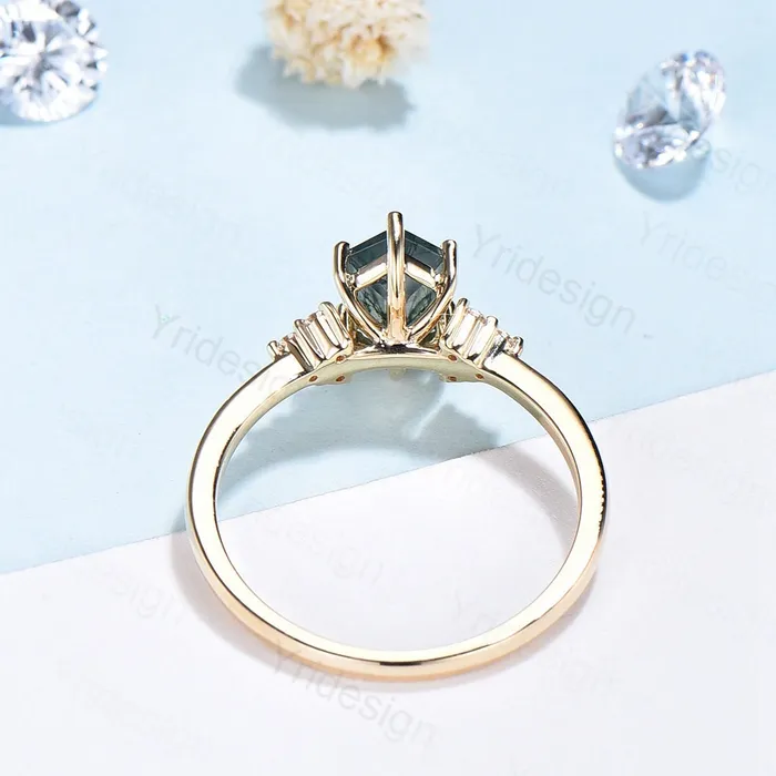 Rings Long Hexagon cut moss agate ring vintage gold engagement ring cluster moissanite diamond wedding ring art deco promise ring for women PENFINE